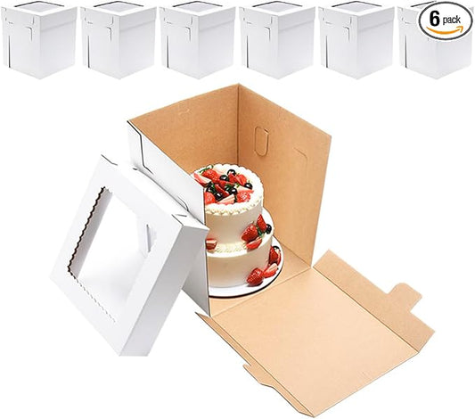 JJO Tall Cake Boxes for Tier Cakes, 6 Pack 10x10x12 Inch,White Cake Boxes with Window,Sturdy Tall Cake Carrier, Disposable Cake Containers