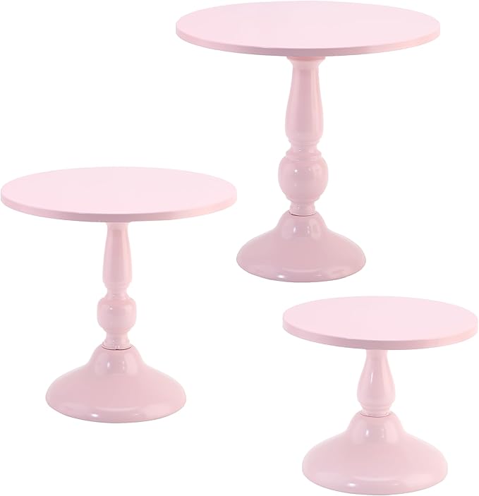 Set of 3 Pink Cake Stands, QENUIITEA Metal Round Cake Holder Dessert Pie Pizza Display Stand 8" 10" 12" Serving Tray Decoration for Wedding Celebration Party Birthday Baby Shower