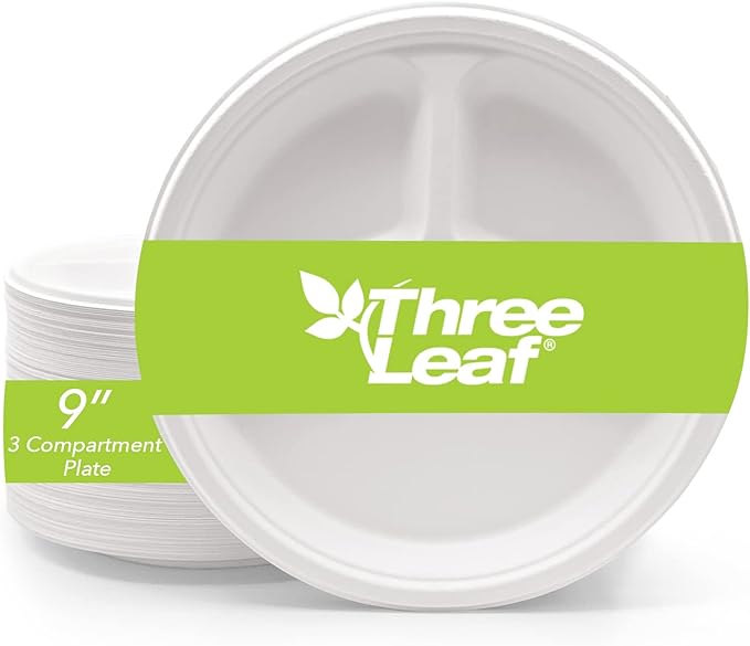 three leaf 9" 3 COMPARTMENT BAGASSE ROUND PLATE, 500 Ct. Heavy-Duty- Super Strong- Natural- Eco-Friendly Disposable Bagasse Plates, 100% Biodegradable 9 inch 3 compartment plates