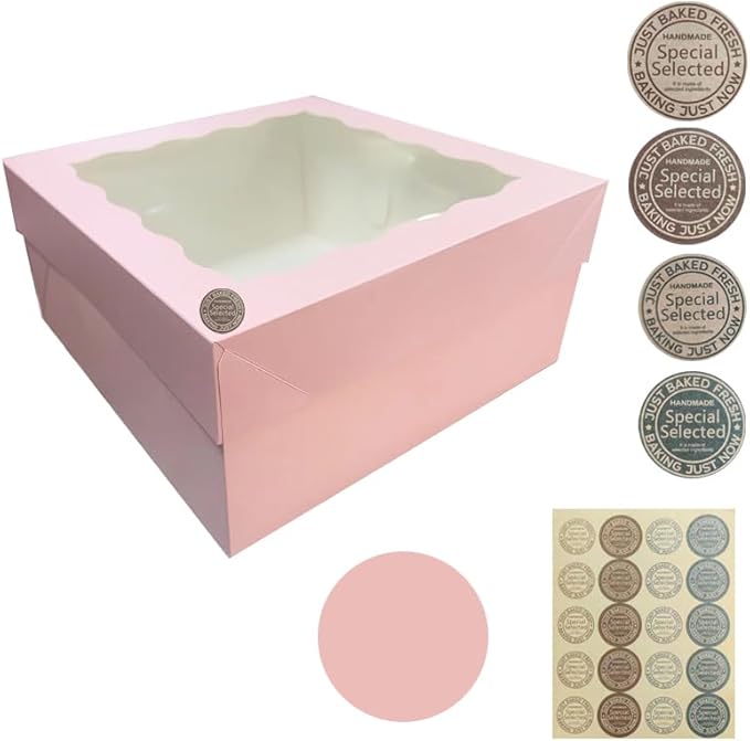 Generic 18Pcs (12.2x12.2x5.9 in) Cake Boxes+18 Cakeboard+1 stickers with Display Window for Gift Giving, Bakesale, Cupcakes, Dessert, Cookies, Pie, Macaroons, Donuts, Pastry, (Pink), 12CDGH