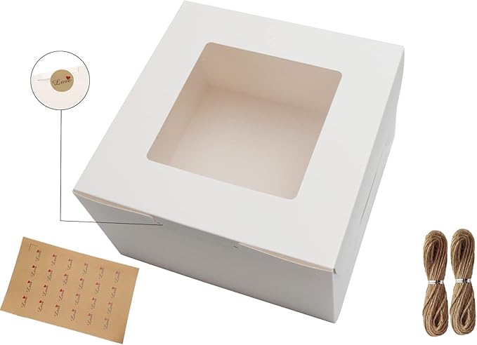 10Packs 8x8x5 Inches White Cake Boxes with Window, Gift Packing, Bakery Boxes, Dessert, Pastry, Cupcake, Pie Cookies, With Stickers,66 FT Twine (8 * 8 * 5 Inch, White)