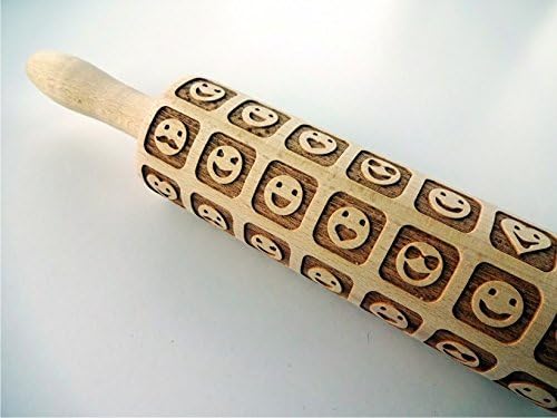 Embossing rolling pin SMILES. Engraved wooden embossed dough roller for embossed Cookies or Clay with Smiley Faces by Algis Crafts