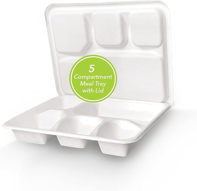 three leaf 5 COMPARTMENT MEAL TRAY WITH LID SET, 125 SETS. Heavy-Duty- Super Strong- Natural- Eco-Friendly Disposable Bagasse Tray with Plates, 100% Biodegradable Plates
