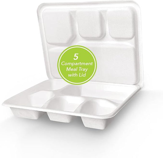 three leaf 5 COMPARTMENT MEAL TRAY WITH LID SET, 125 SETS. Heavy-Duty- Super Strong- Natural- Eco-Friendly Disposable Bagasse Tray with Plates, 100% Biodegradable Plates