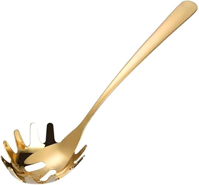 Stainless Steel Pasta Spoon, Spaghetti Spoons Server, Spaghetti Fork with Ergonomic Handle, Noodle Utensil for Kitchen, 9. 4inch (Gold)