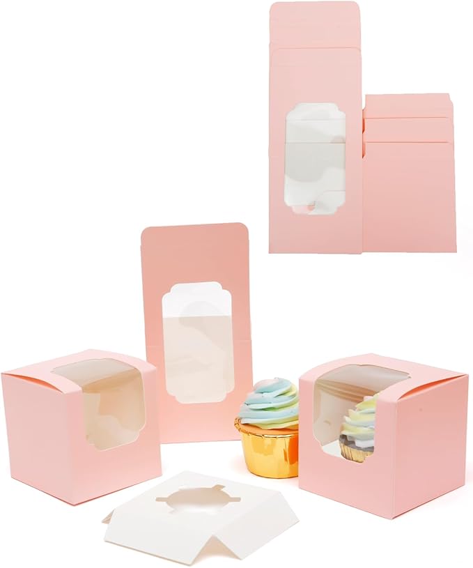 Bakepacker Auto-pop up Cupcake Boxes 100-Packs Individual Cupcake Container Pink 3.5" x 3.5" x 3.5" Single Cupcake Boxes