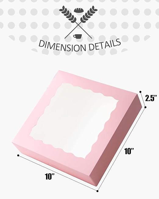 qiqee Auto-pop Up Pink Pie Boxes with Window 10x10x2.5 inch 20Packs Cookie Donut Bakery Box