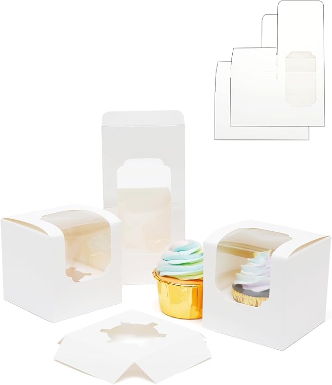 Bakepacker Auto-pop up Cupcake Boxes 100-Packs Individual Cupcake Container White 3.5" x 3.5" x 3.5" Single Cupcake Boxes