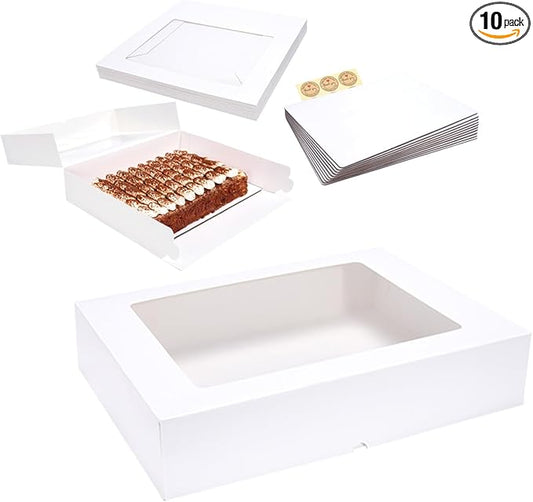 JJO 19x14x4 Inch 10 Pack Auto-Popup Cake Boxes with Thick Cake Boards,White Large Rectangle Bakery Boxes with Window,for Brownie,Cupcakes,Pie & Donuts