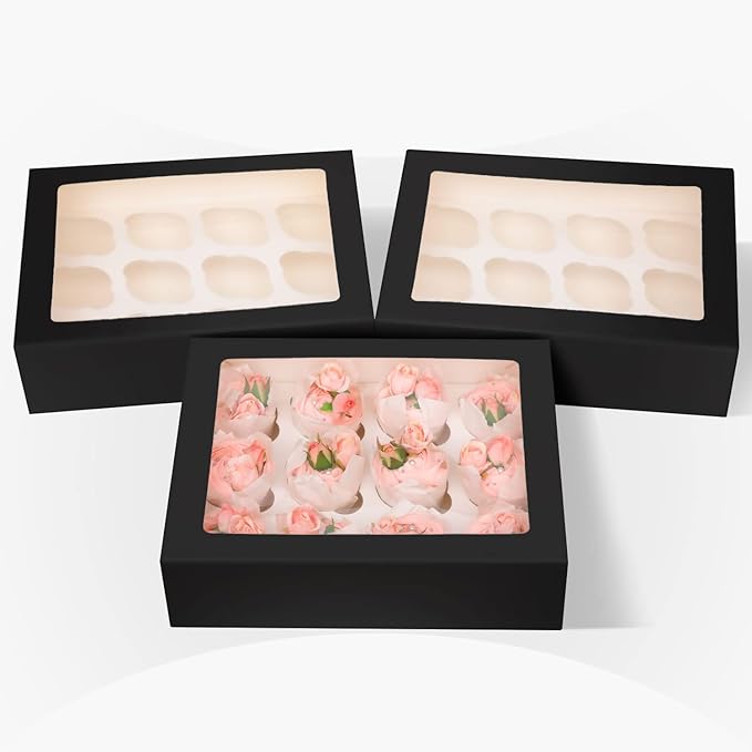 12 Cupcake Containers 10-Packs Black Cupcake Box Cupcakes Carrier, 12 Cupcake Boxes with Window 13"x10"x3.5"（Auto-pop up）