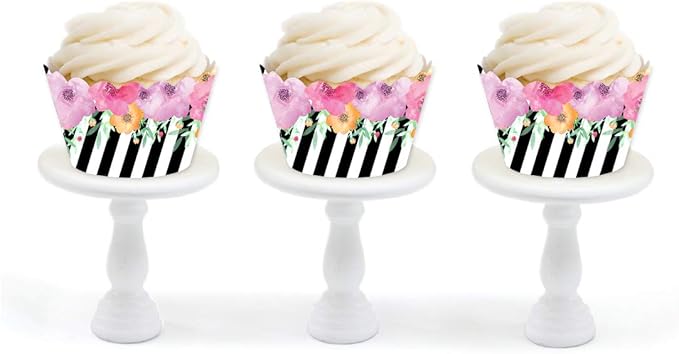 Andaz Press Party Cupcake Wrapper Decorations, Pink Floral Flowers with Black and White Stripes, 24-Pack, For Girls 1st Birthday Baby Bridal Shower Tea Party Themed Decorations