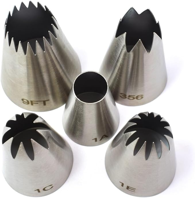 Large Piping Tips, 1C 1E 1A 356 9FT 5Pcs Stainless Steel Seamless Icing Piping Tips Set for Cupcakes Cake Decoration and Baking