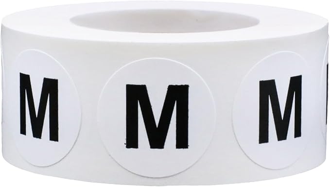 White Circle Medium M Clothing Size Stickers - 3/4 Inch Round, 500 Adhesive Labels Per Roll for Retail Apparel, Clothing Organization, and Inventory - Made in The USA