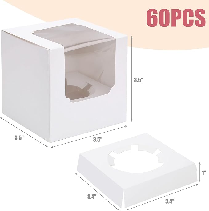 VGOODALL 60PCS Cupcake Boxes, 3.5 Inches Individual Cupcake Containers with Window and Insert for Muffins Cocoa Bombs Packaging Togo Boxes for Birthday Baby Shower Wedding Party Favors