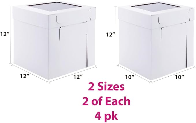 Tall Cake Boxes for Tier Cakes,2 Sizes 4 Pack 10x10x12in and 12x12x12in,Sturdy Cardboard Cake Boxes Shipping in 2 3 Tier for Layer Tiered Cakes，Disposable Cake Containers