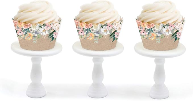 Andaz Press Party Cupcake Wrapper Decorations, Peach Florals on Kraft Brown, 24-Pack, For Girls 1st Birthday Baby Bridal Shower Tea Party Themed Decorations