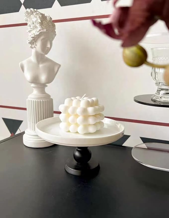 White Cake Stand Small Mini Cake Pedestal Plate Stand, 6 inch Vintage Ceramic Round Wood Pie Stand for Party Wedding, Candle Jewelry Decorative Tray (Black Wooden High-Foot)