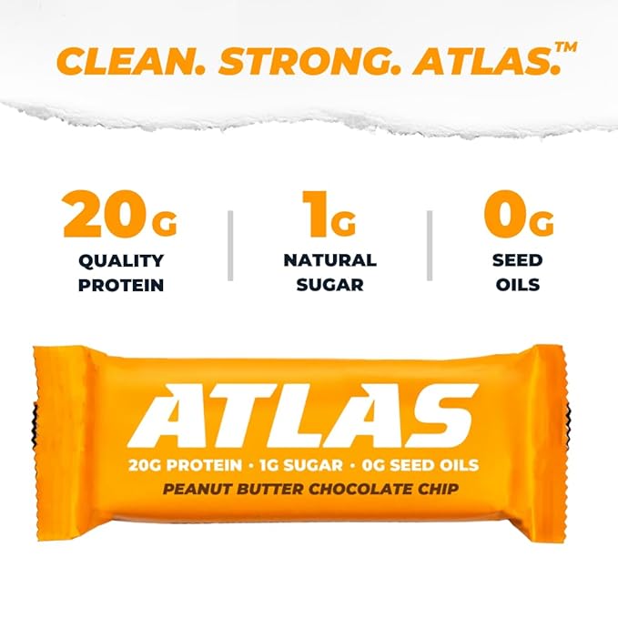 Atlas Bar – 20g Protein, 1g Sugar, 0g Seed Oils, 0g Artificial Sweeteners (Peanut Butter Chocolate Chip, 24 Count)