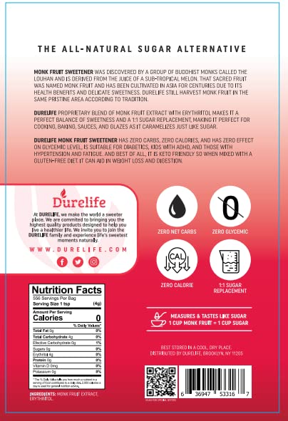 Durelife Monk Fruit Sweetener, Sugar Substitute, Keto Diet Friendly, Zero Calorie, White Sugar Substitute, Classic White - 3 lb (Packaging May Vary)