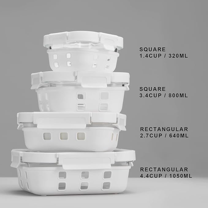 Glass Food Storage Meal Prep Containers - Food Grade Silicone Wrap & Air Release Vent, Rectangular shape - 8 Pc Set (4 Containers - 4 Matching Lids)