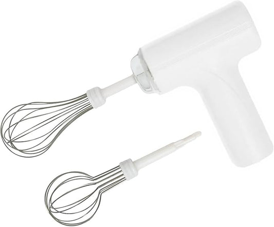 Cordless Hand Mixer, One Touch Off Handheld Electric Whisk with 3 Speed Modes, Hand Held Egg Beater with 2 Detachable Stir Whisks (White）