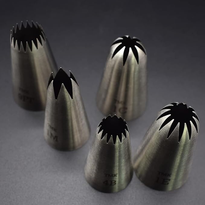 5 Pack Stainless Steel Seamless Piping Icing Tips #9FT 1C 1E 1M 4B, Large Star Piping Nozzle, Cake Decorating Tools for Baker