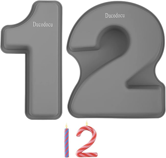 Ducodocu Silicone Number Cake Pan Large 3D Number Cake Mold Baking Forms Novel Cake Tins DIY Baking Mold for 2/20th Birthday Wedding Anniversary 10 inch Number of 1&2, 2 Pack