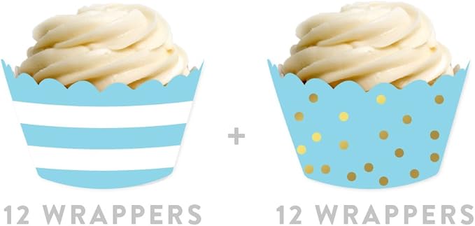 Andaz Press Party Cupcake Wrapper Decorations, Baby Blue Stripes and Metallic Gold Ink Polka Dots, 24-Pack, Theme Colored Bulk Cake Supplies