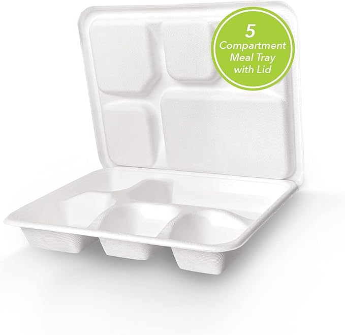 three leaf 5 COMPARTMENT MEAL TRAY WITH LID SET, 50 SETS. Heavy-Duty- Super Strong- Natural- Eco-Friendly Disposable Bagasse Tray with Plates, 100% Biodegradable Plates