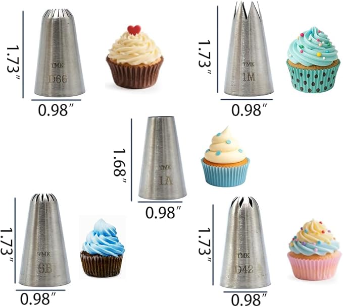 5 Pack Stainless Steel Seamless Piping Icing Tips 1M 1A D66 D42 6B, Large Piping Nozzle, Cake Decorating Tools for Cupcake Baker