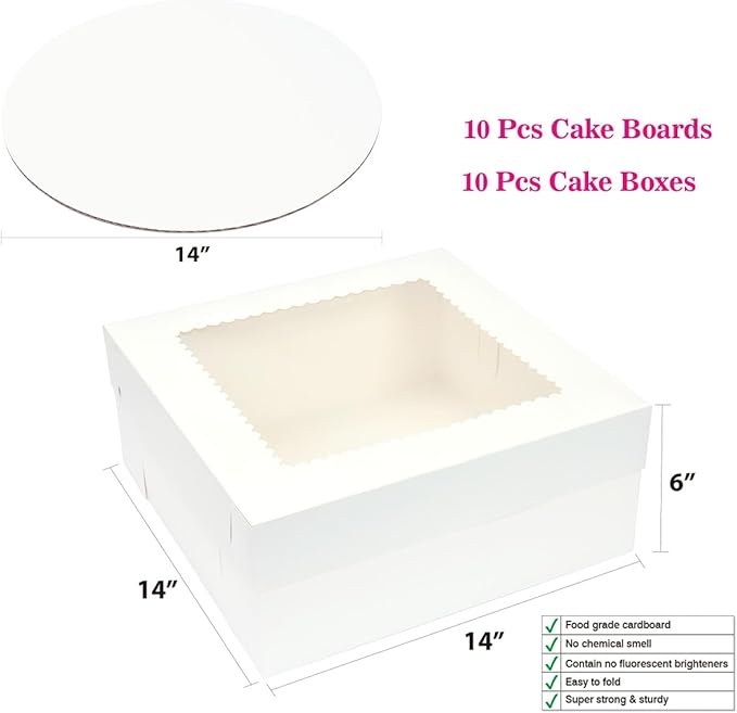 10 Pack 14 x 14 x 6 Inch Cake Boxes with Cake Boards,White Bakery Boxes,Bakery Pastry Containers for Cakes Cupcake Cookie Pie Treat Party Supplies Favors