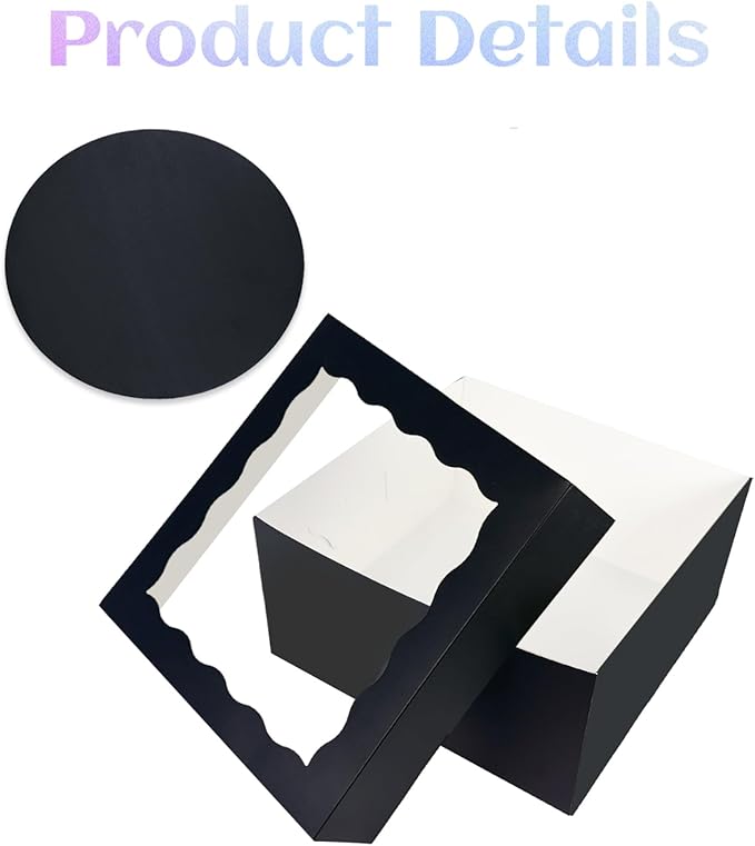 Bakepacker 12x12x8 Cake Box, 18 Sets Black Cake Box with Window ＆ 18 Sets 12" Cake Round Boards, 12inch Cake Containers, 10 Meters Silk Ribbon