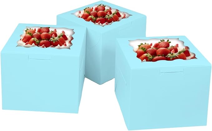 Bakepacker 36pcs 8x8x5 Inches Light Blue Cake Boxes with Window, 18-Pack (18 Cake Boxes + 18 Cake Boards Included)