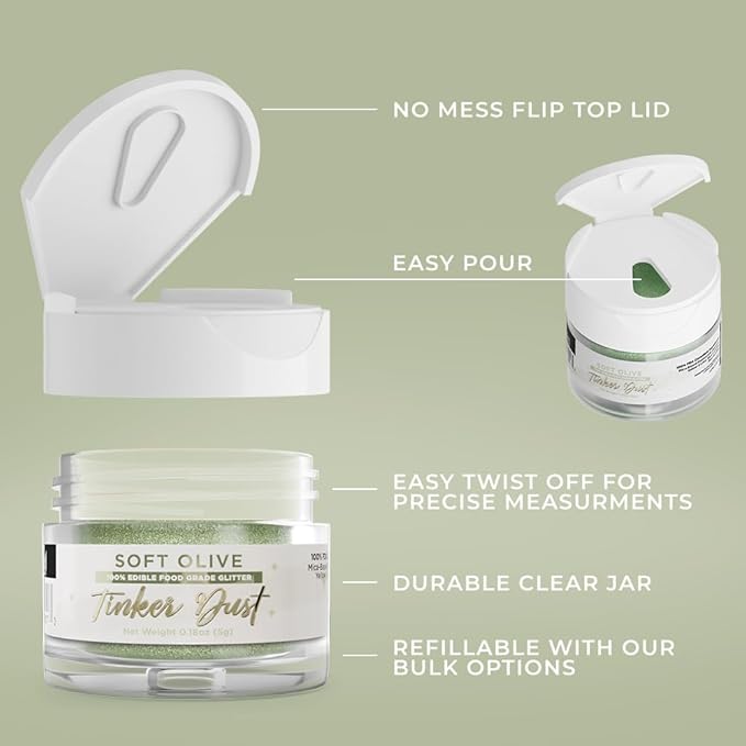 Bakell - Soft Olive Green Tinker Dust (5g, 1x Jar) Edible Glitter for Food, Desserts, and Beverages!