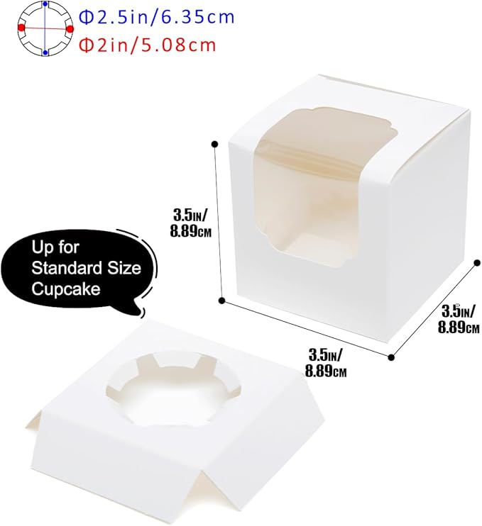 Bakepacker Auto-pop up Cupcake Boxes 100-Packs Individual Cupcake Container White 3.5" x 3.5" x 3.5" Single Cupcake Boxes
