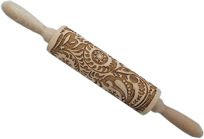14.9"Paisley Engraved Embossed Rolling Pin, Christmas Snowflake Flower Pattern, Wooden Laser Engraved 3D Rolling Pin for Making Cookie Dough Crusts Pies Pastry