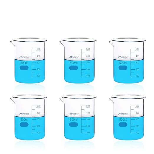 16.9oz(500ml) Sturdy Glass Beaker, 3.3 Borosilicate Griffin Low Form with Printed Graduation, Pack of 6, BKL500-006