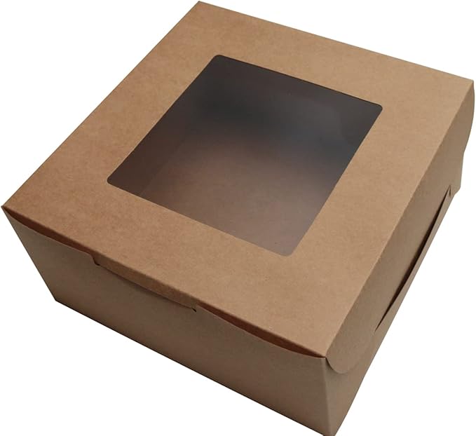 PQZKLDP 10Packs 10x10x5 Inches Brown Kraft Cake Boxes with Window, Gift Packing, Bakery Boxes, Dessert, Pastry, Cupcake, Pie Cookies, With Stickers,66 FT Twine (10 * 10 * 5 Inch, Brown)