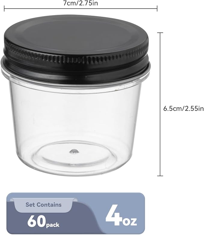 novelinks Plastic Jars With Lids 60Pcs 4 oz Mason Jars Plastic Mason Jars 4 oz Food Storage for Milkshakes Juice Nuts Cupcakes (Black, 60 Pack 4 Ounce)