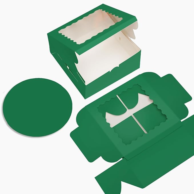 Bakepacker 36pcs 10x10x5 Inches Deep Green Cake Boxes with Window 18-Packs, 10 Inch Bakery Boxes (18 Cake Boxes +18 Cake Boards Included)