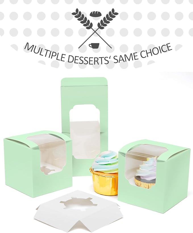 qiqee Light Green Cupcake Boxes Individual Cupcake Container 60pcs 3.5" x 3.5" x 3.5" Auto-Pop up Single Cupcake Boxes (60 Boxes+60 Inserts)