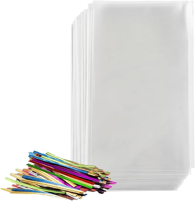 Prestee 200 Pack Clear Plastic Cellophane Bags - 6x8 with 4" Twist Ties, Candy & Cookie Bags, Treat & Gift Bags (Pack of 200)