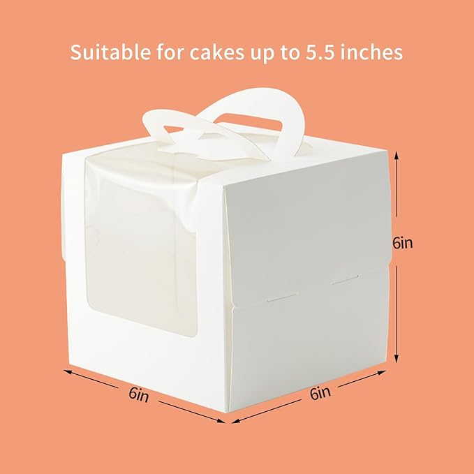 10pcs 6 inch cake boxes with cake boards,6x6x6 In cake box with handle bento,cupcake,pastries for Christmas,Birthday Party, Wedding（with stickers
