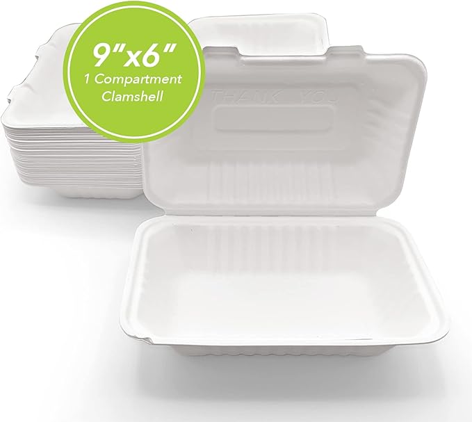 three leaf 9" X 6" 1 COMPARTMENT BAGASSE CLAMSHELL, 50 Ct. Heavy-Duty- Super Strong- Natural- Eco-Friendly Disposable Bagasse Clamshell, 100% Biodegradable 9 x 6 inch clamshell