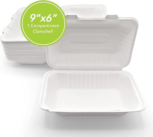 three leaf 9" X 6" 1 COMPARTMENT BAGASSE CLAMSHELL, 200 Ct. Heavy-Duty- Super Strong- Natural- Eco-Friendly Disposable Bagasse Clamshell, 100% Biodegradable 9 x 6 inch clamshell