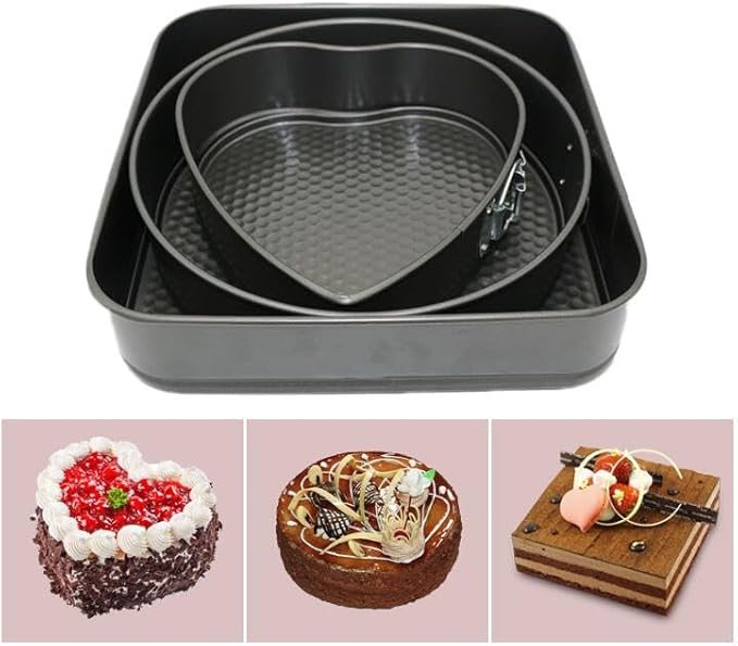 Kitchen Tool Cake Baking Supplies Non-stick Removable Bottom Springform Cake Pan Tin Baking Heart Cake Mold Leak proof and high temperature resistant Square roud Heart cake Pans Set of 3