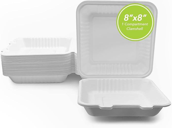 three leaf 8" x 8" 1 COMPARTMENT BAGASSE CLAMSHELL, 200 Ct. Heavy-Duty- Super Strong- Natural- Eco-Friendly Disposable Bagasse Clamshell, 100% Biodegradable 8 inch clamshell