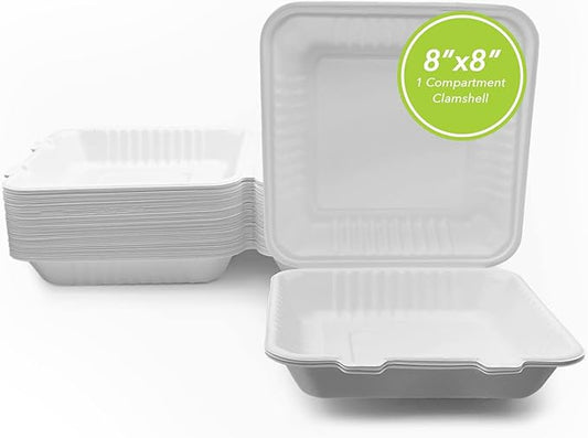 three leaf 8" x 8" 1 COMPARTMENT BAGASSE CLAMSHELL, 200 Ct. Heavy-Duty- Super Strong- Natural- Eco-Friendly Disposable Bagasse Clamshell, 100% Biodegradable 8 inch clamshell