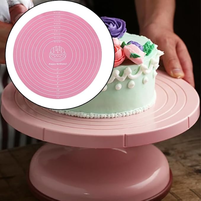3 Pcs Silicone Cake Mats, 12 Inch Silicone Baking Mat with Measurements Reusable Round Non-Stick Non-Slip Heat Resistant Sheets for Cake Turntable, Pizza Dough Pastry Rolling (Pink, Blue, Green)