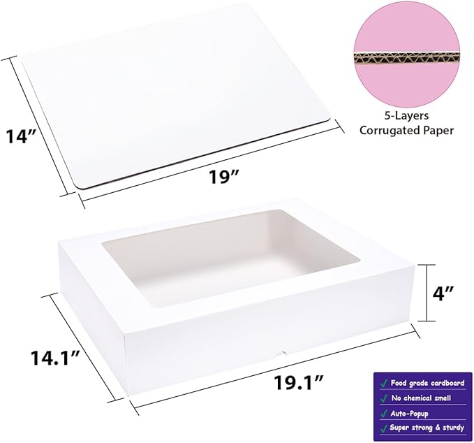JJO 19x14x4 Inch 10 Pack Auto-Popup Cake Boxes with Thick Cake Boards,White Large Rectangle Bakery Boxes with Window,for Brownie,Cupcakes,Pie & Donuts